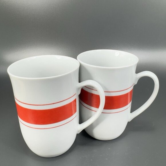 Vintage Leonard White Ceramic Coffee Mug Cup Set 2 Red Orange Band Mugs Cups Set - Picture 13 of 13